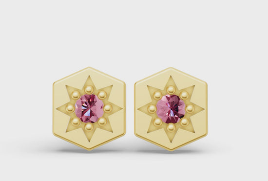 Mini Hexagon Studs in Yellow Gold and Pink Sapphire - Video