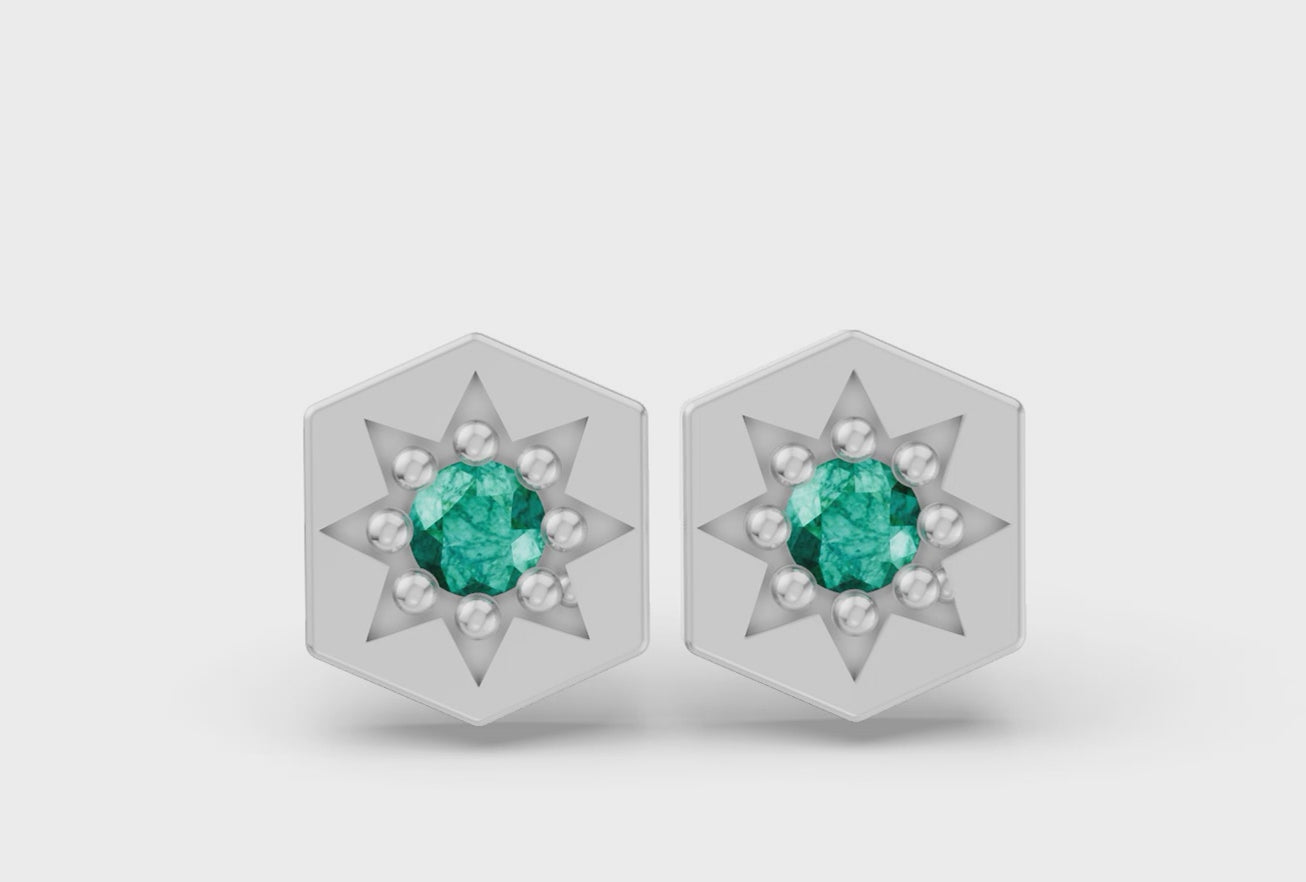 Hexagon Studs in White Gold and Emerald - Video