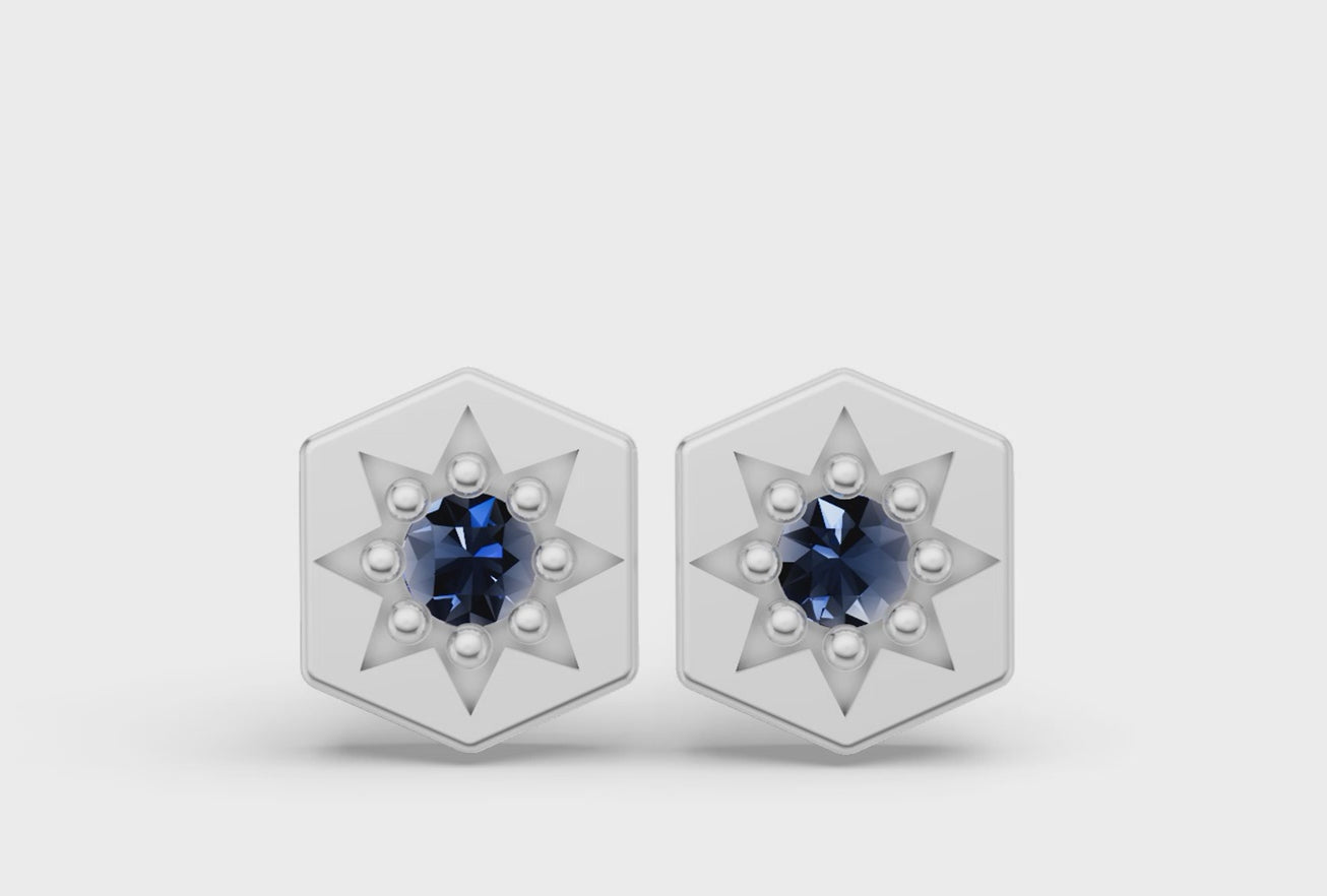 Mini Hexagon Studs in White Gold  and Sapphire - Video