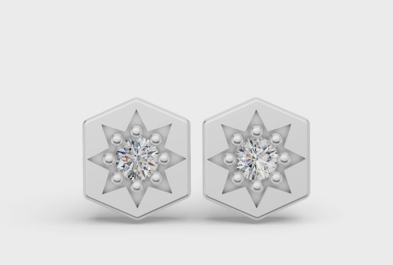 Mini Hexagon Studs in White Gold and Diamond - Video