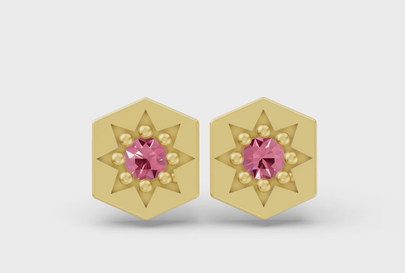 Hexagon Studs in Yellow Gold and Pink Sapphire - Video