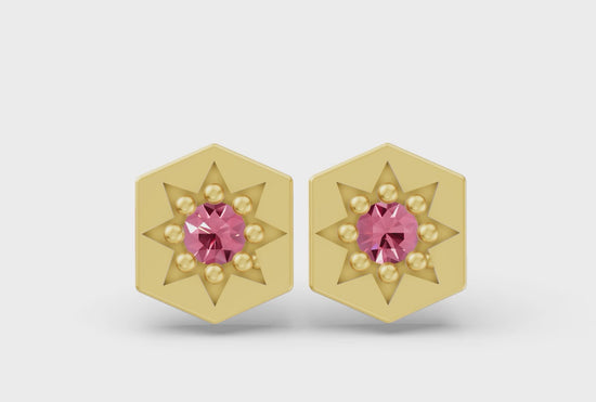 Hexagon Studs in Yellow Gold and Pink Sapphire - Video