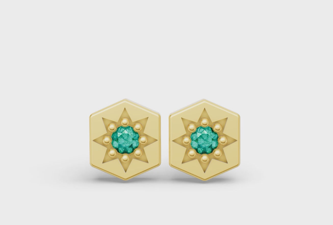Mini Hexagon Studs in Yellow Gold  and Emerald - Video