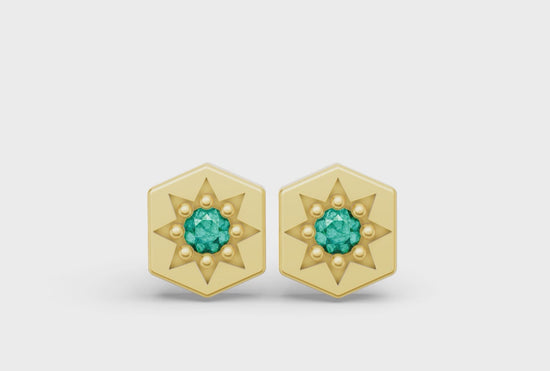 Mini Hexagon Studs in Yellow Gold  and Emerald - Video
