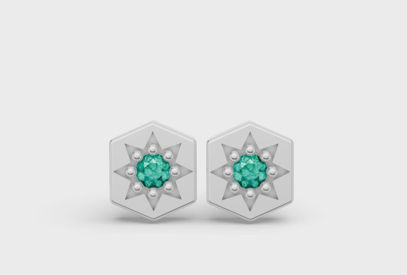 Mini Hexagon Studs in White Gold and Emerald - Video