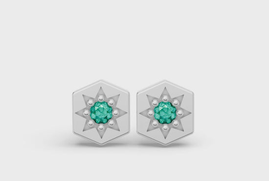 Mini Hexagon Studs in White Gold and Emerald - Video