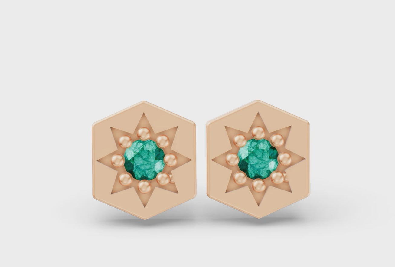 Hexagon Studs in Rose Gold and Emerald - Video