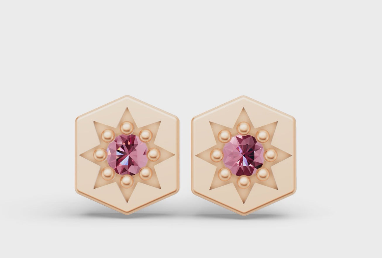 Mini Hexagon Studs in Rose Gold and Pink Sapphire - Video