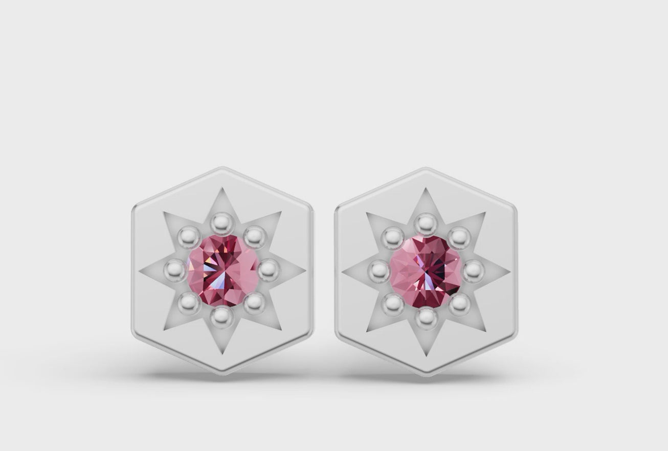 Mini Hexagon Studs in White Gold and Pink Sapphire - Video