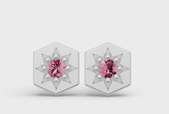 Mini Hexagon Studs in White Gold and Pink Sapphire - Video
